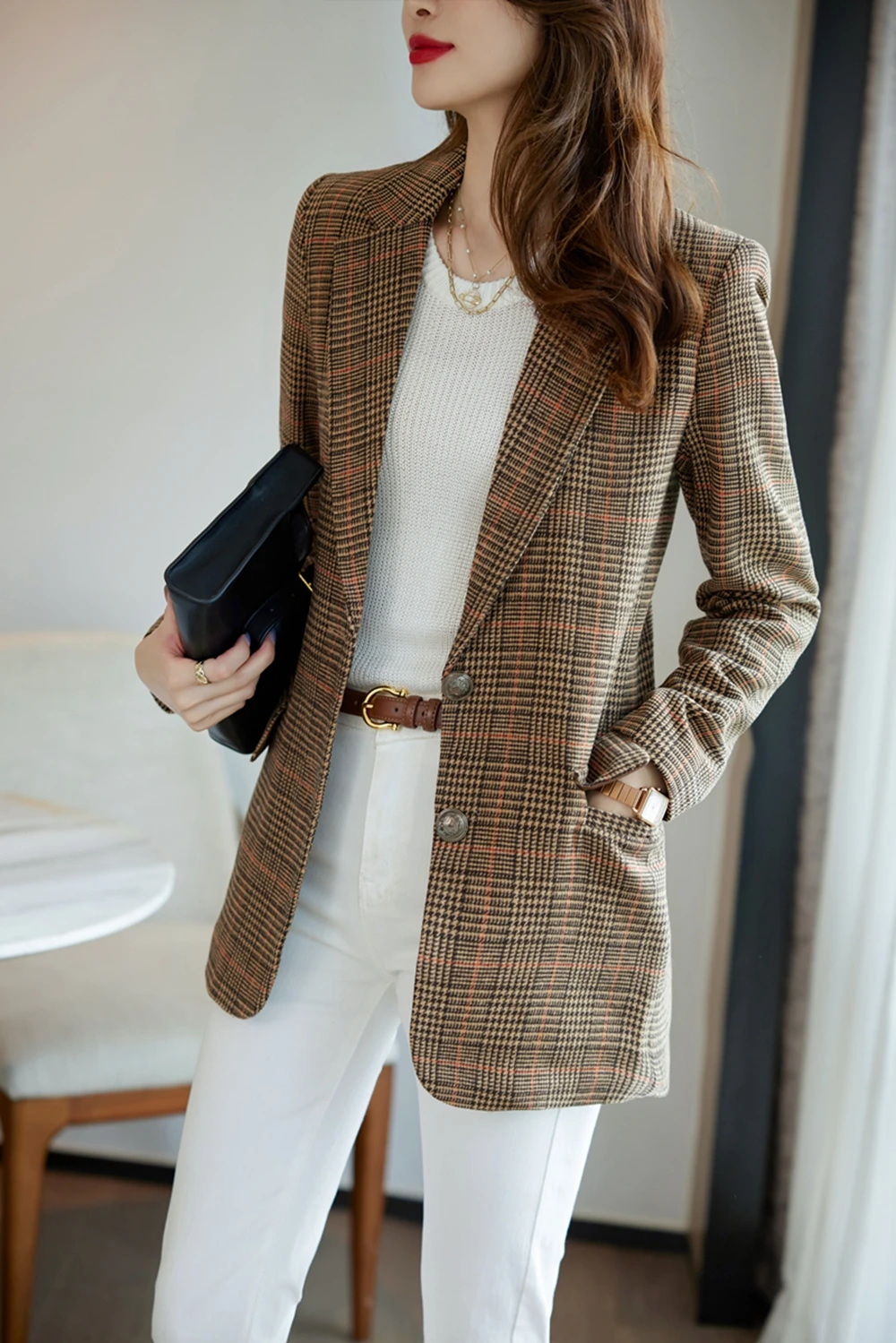 Khaki plaid suit coat women's professional top Spring and autumn new fashion temperament casual senior sense British style slim