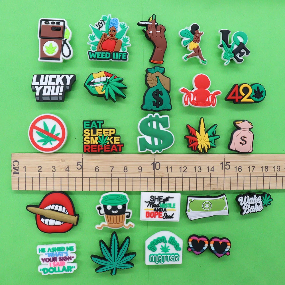 1-24Pcs PVC Shoe Charms Tanker Weed Life Hand Woman Love Lips Money Coffee Buckle Clog Hole Slipper Accessories Decorations