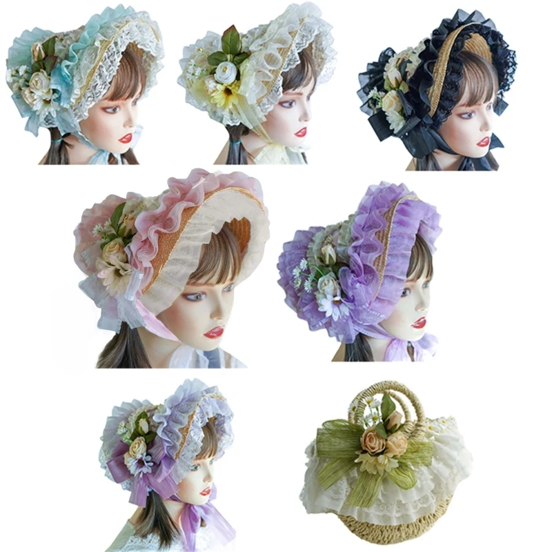 

Teas Party SunHat Lace Fascinators For Women Lolit Straw Hat Victorian Bonnet H9ED