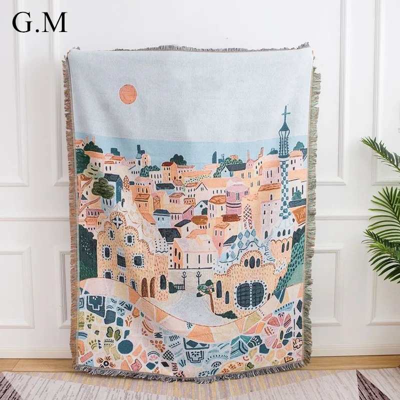 

Nordic Small Town Pattern Yarn Dyed Throw Blanket for Sofa Ins Portable Outdoor Camping Blankets Picnic Mat Art Decor Tapestry