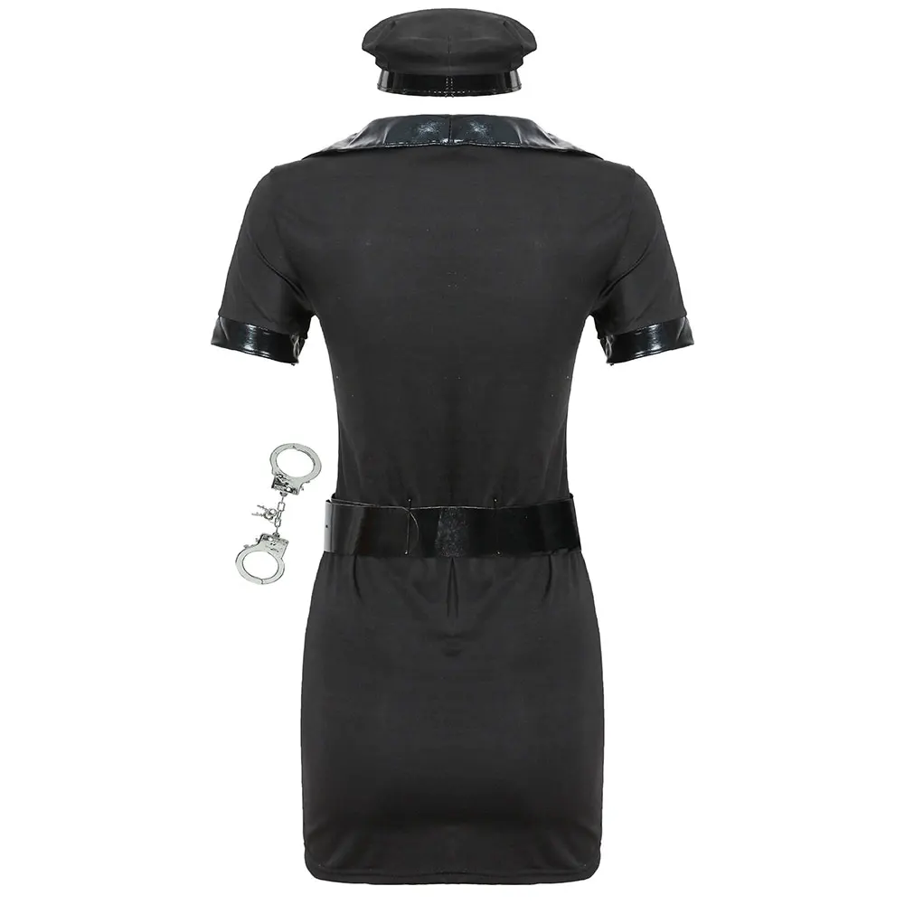Women Cop Officer Bodysuit V-Neck Police Officer Role Playing Costume Short Sleeve Zipper Closure Ladies Carnival Party Clubwear