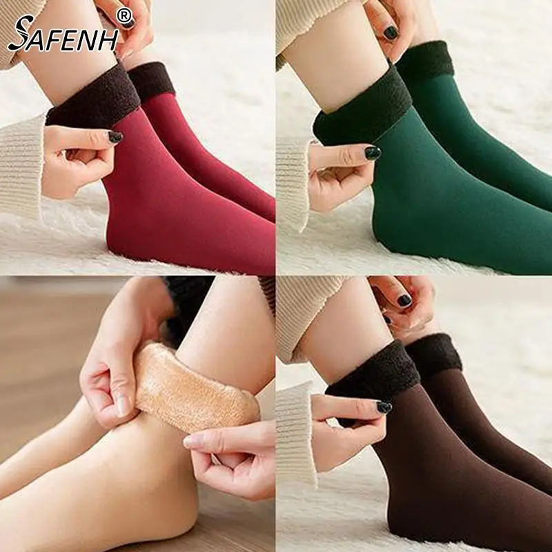 

1pair Winter Warm Thicken Fleece Mid-calf Socks Women Thermal Cashmere Wool Sock Snow Velvet Boots Home Floor Women's Socks