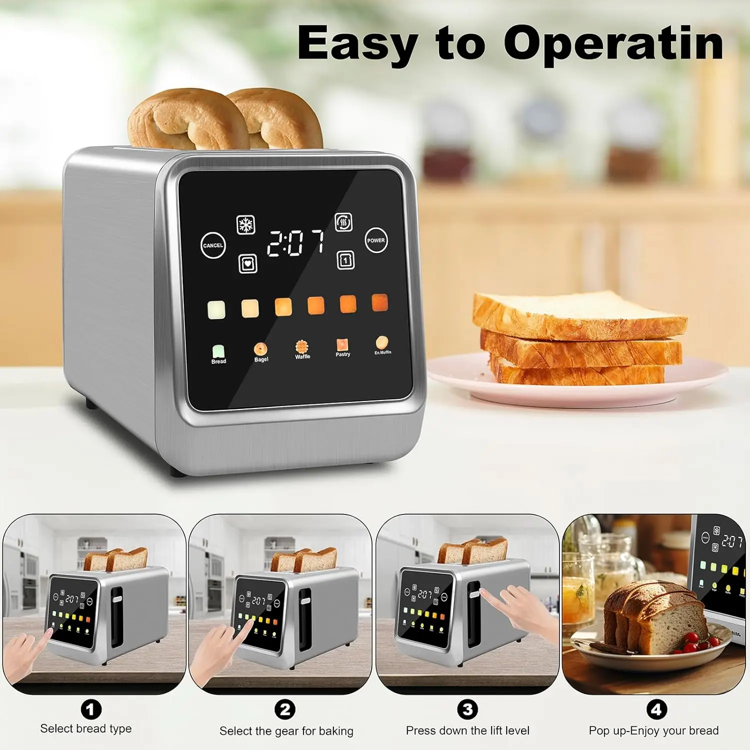 Touch Screen Toaster 2 Slice Bagel Toaster with LCD Display Stainless Steel Smart Digital Toasters with Single Slot Toasting 5