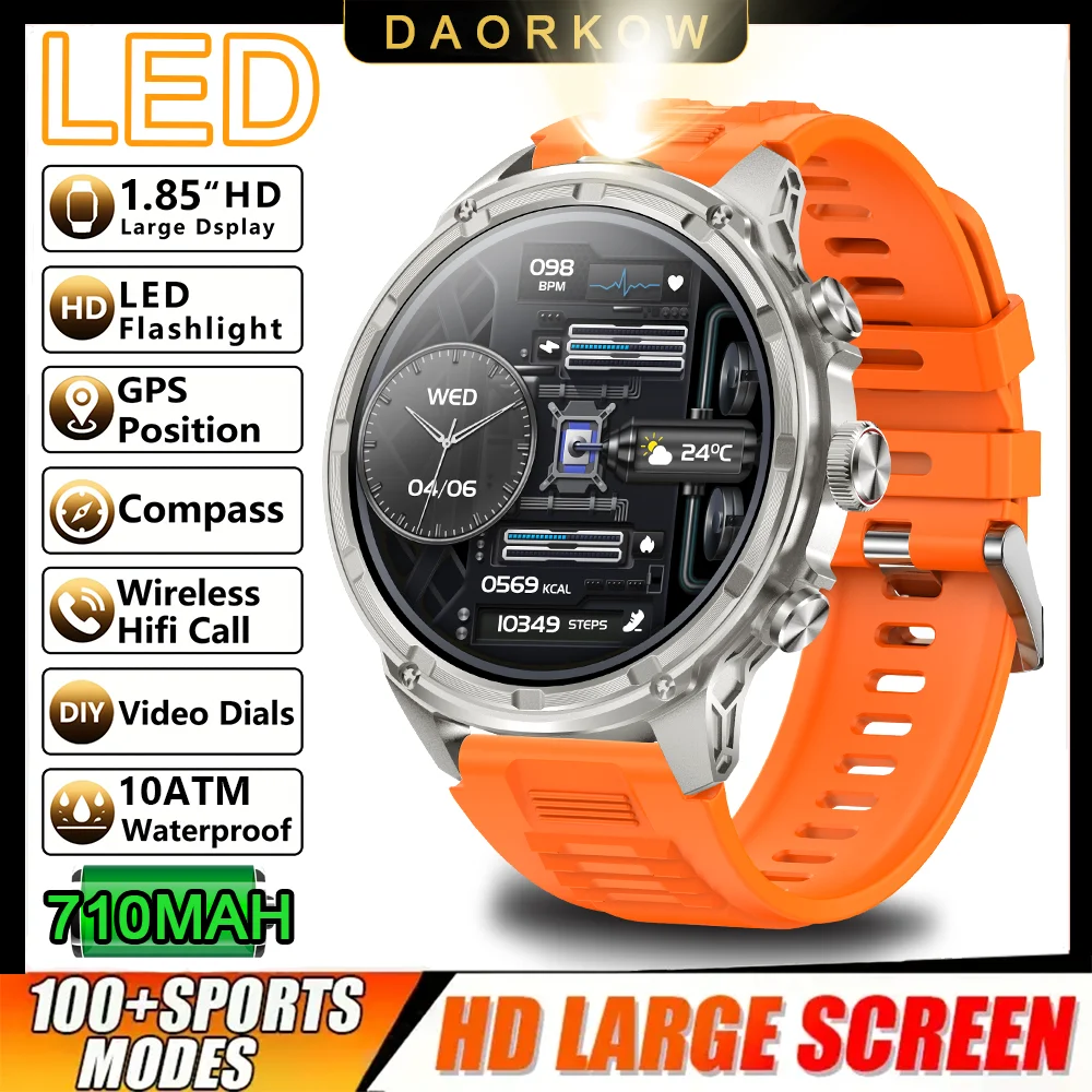 Funciones del reloj inteligente para hombre 2026: Llamadas Bluetooth de 1.85 pulgadas, batería grande de 710 mAh, linterna LED, más de 100 tipos de actividades deportivas