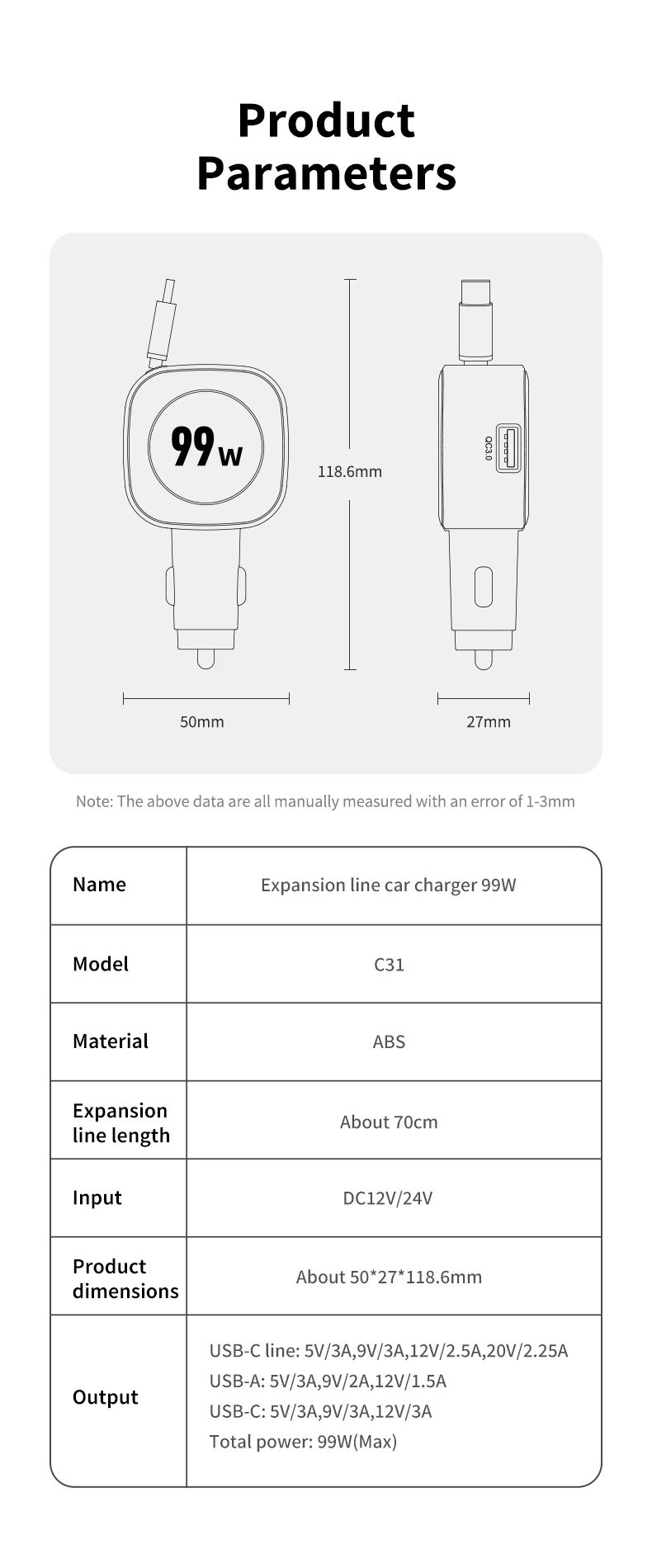 99W Retractable Car Phone Charger USB C PD 45W Fast Charging for iPhone 16 Pro M
