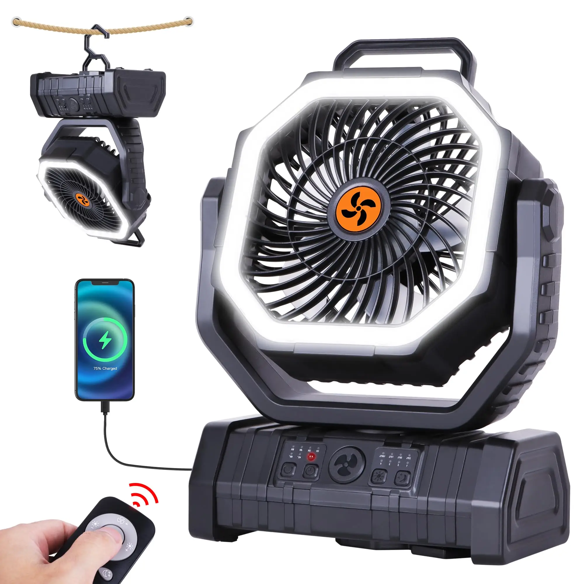 

Powered Fan Rechargeable Battery 20000mAh with LED Light Wireless Camping Ventilador 270 ° Head Rotation Tent Fans with Hook