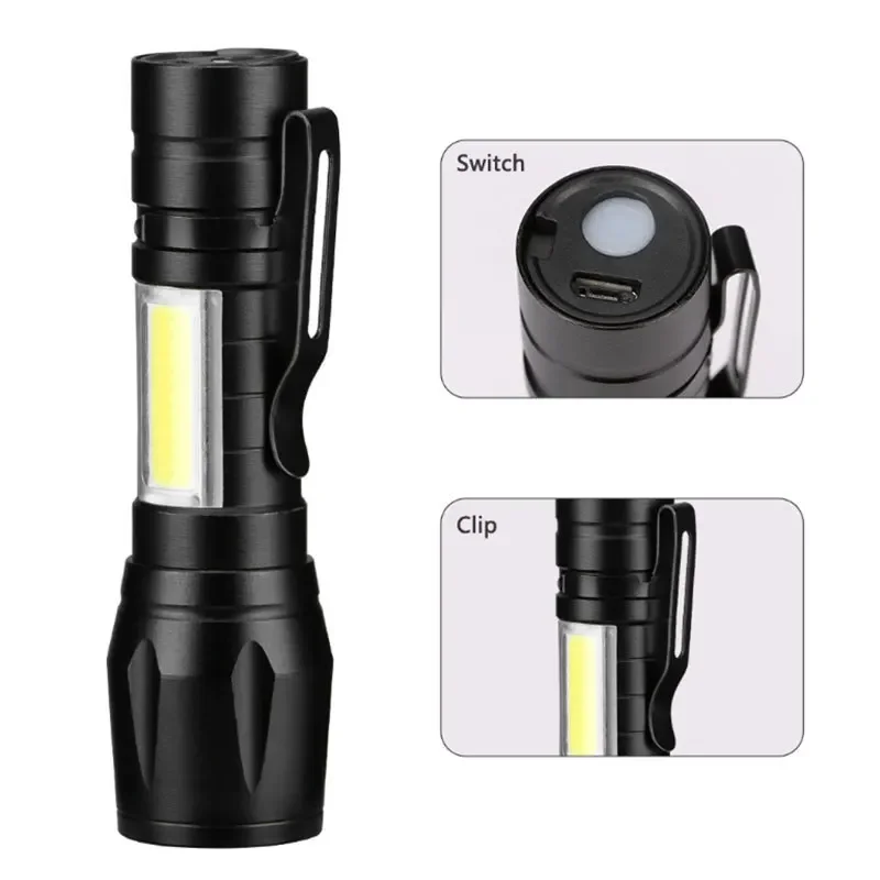 Compact USB Rechargeable Mini LED Flashlight - Portable Zoomable Light with Pen Clip for Camping and Tactical Use