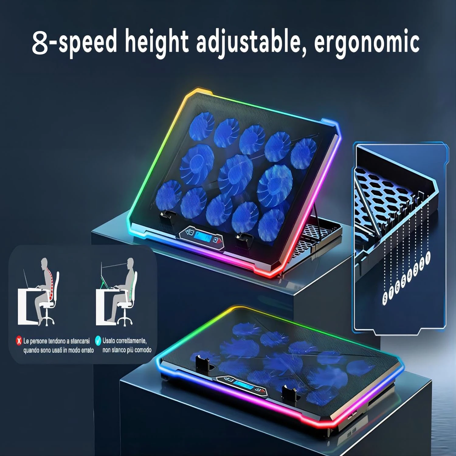 노트북 쿨러, 13 개의 조용한 냉각 팬, LED 조명, 2 USB 포트, 8 높이 조절 가능, 14-17 인치 노트북 태블릿 냉각 스탠드