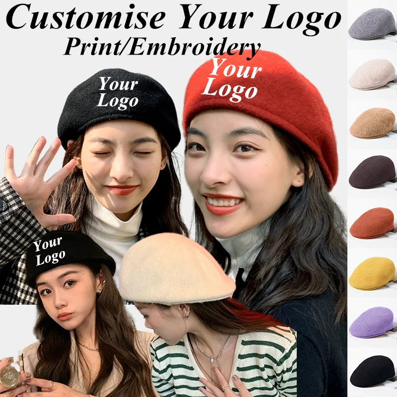 Autumn Winter Wool Beret Hats For Women Men Front Back Two Ways To Wear Short Brim Flat Roof Warm Unisex beret hat woolen beret wool caps