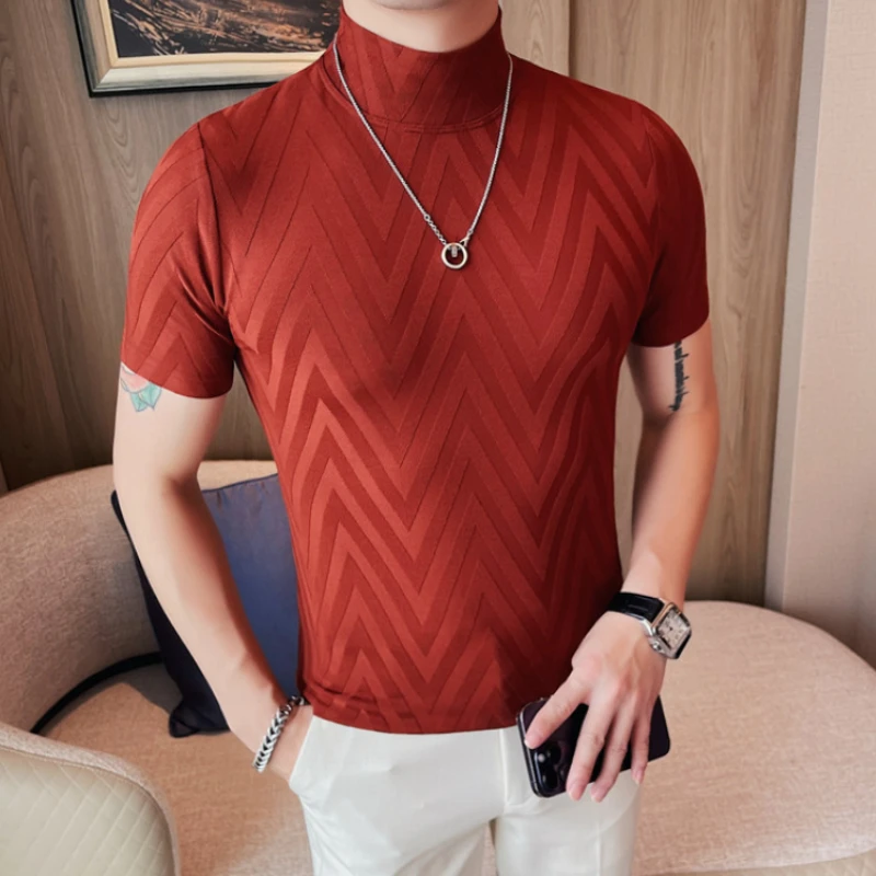 

Футболка мужская с коротким рукавом, облегающая Повседневная рубашка с полувысоким воротником, однотонная блуза, топ, весна-лето