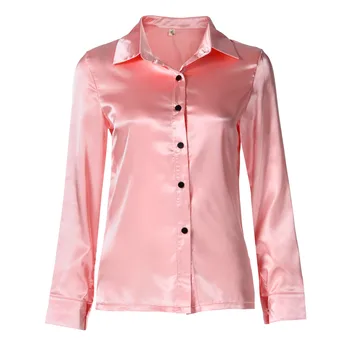 Women Spring And Autumn Vintage Satin Shirt Turn-down Collar Long Sleeve Button Pure Color Silky Tops 4