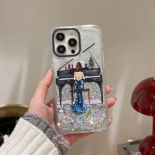 Transparent Border Quicksand Piano Girl iPhone 12 13 14 15 Pro Max Case - Protective iPhone Case