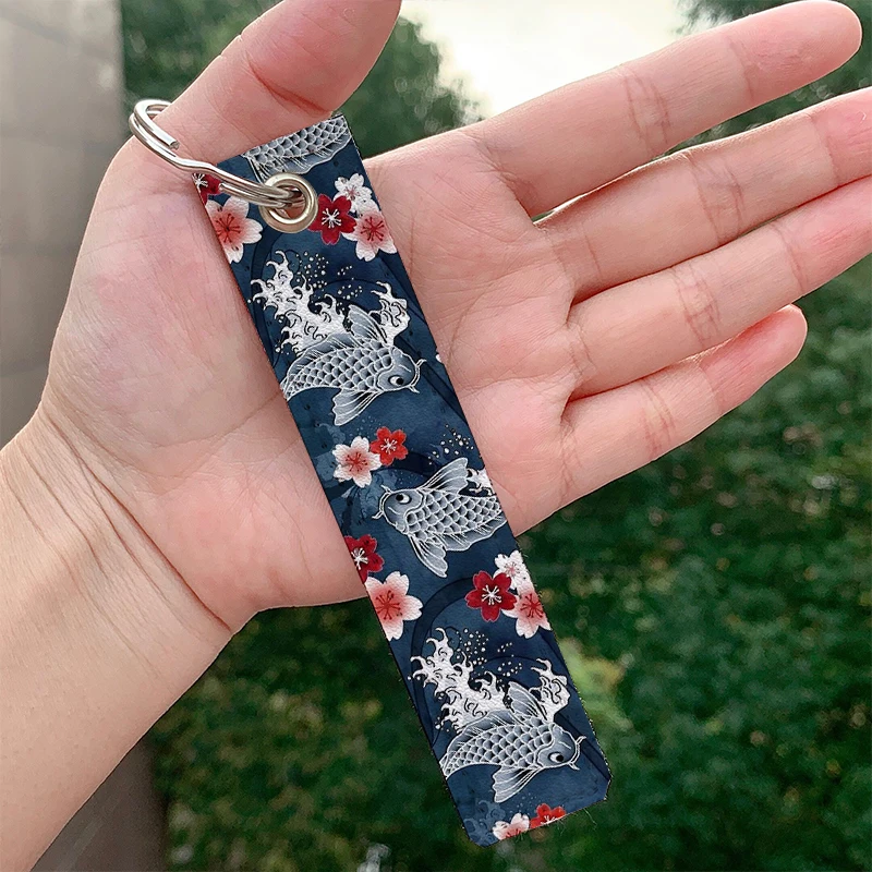 

Fashion Koi sakura blossom in blue Keychains Keyrings Hanging Holder Bag Car Wallet Trinket Keychain Hanging Bag Accessories