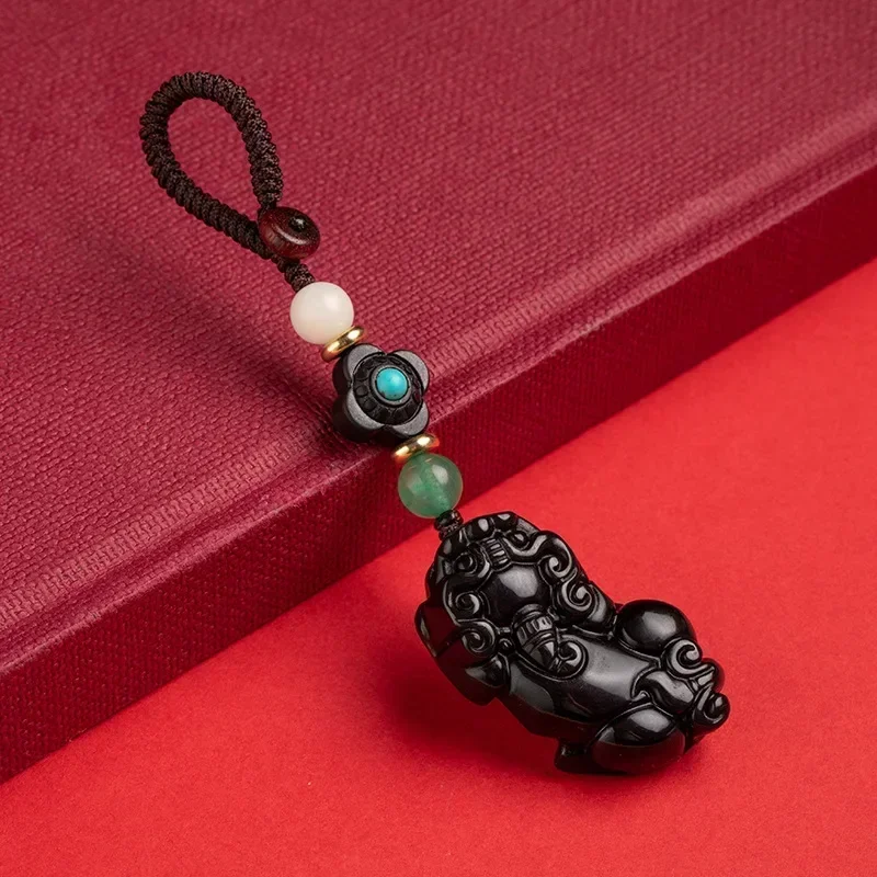 Natural Obsidian Turquoise Pixiu Car Keychain Ethnic Braid Personalized Literature New Chinese Style Auspicious Beast Pendant