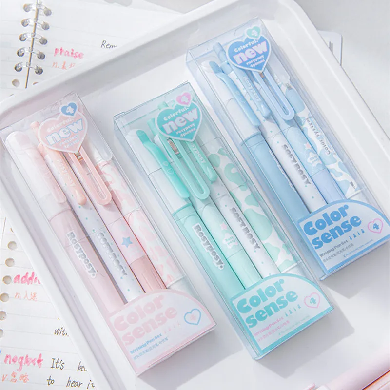 

4pc Scrapbook Marker Pen Gel Pen Set Cute Simpliicty Solid Color Series Stationery Gel Pen Paint Marker 0.5/0.38mm Black Ink Pen