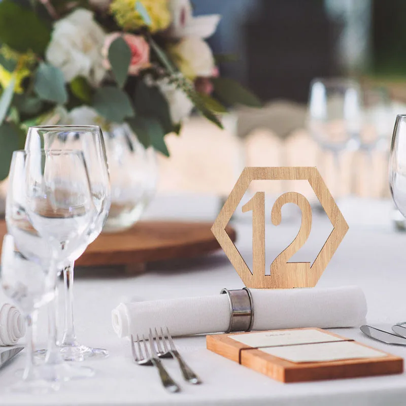 1-20 Table Number Signs Wooden Wedding Table Numbers Hexagon Shape with Holder Base Engagement Birthday Banquet Decor Wood Craft