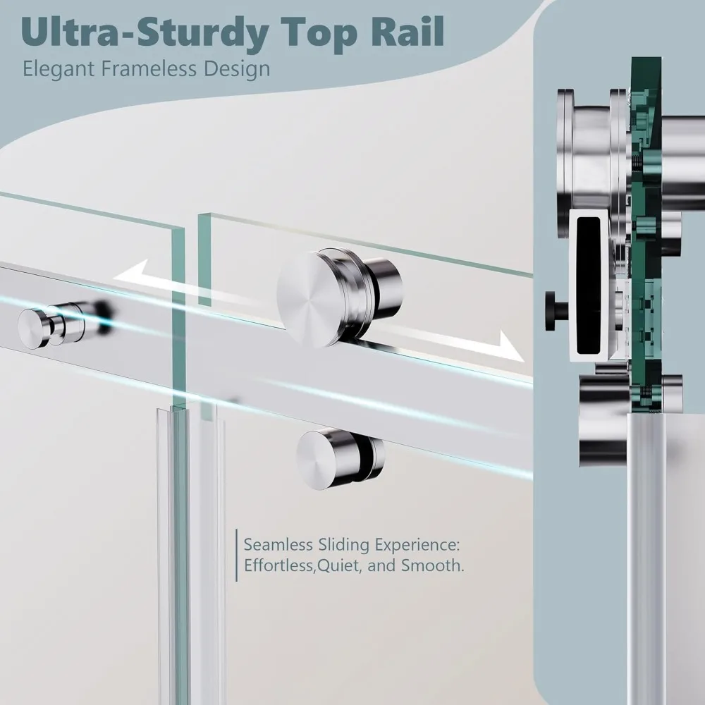 Frameless Shower Glass Door, 60" W x 76" H Sliding Shower Door with 5/16" Glass Door, Seal Strip Handle Smooth Track Shower Door 5