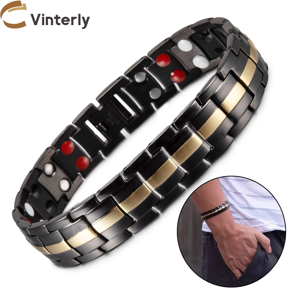 

Vinterly Gold-color Black Magnetic Bracelet Male 15mm Wide Stainless Steel High Magnet Men Wristband Jewelry Benefits Waterproof