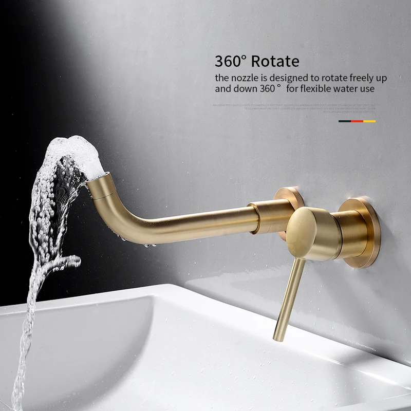 

Fashion Basin Faucets Wall Mounted Two Holes Bathroom Sink Mixer Tap Gold Brushed Swivel Tube Brass Single Handle Faucet 855011