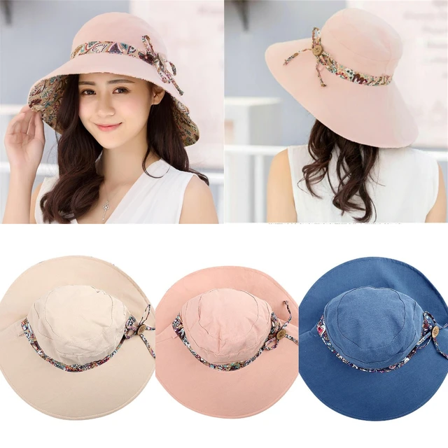 Women Wide Brim Sun Bucket Hat Foldable Floppy Hat Reversible Summer Beach  Cap Sun Hat Packable Fedora UV Protection