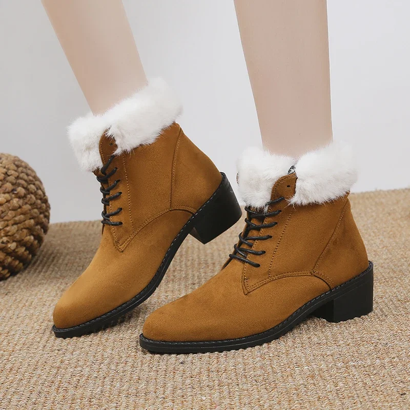 

Женские ботинки на шнуровке, однотонные короткие ботинки с острым носком, на массивном каблуке, облегающие зимние сапоги