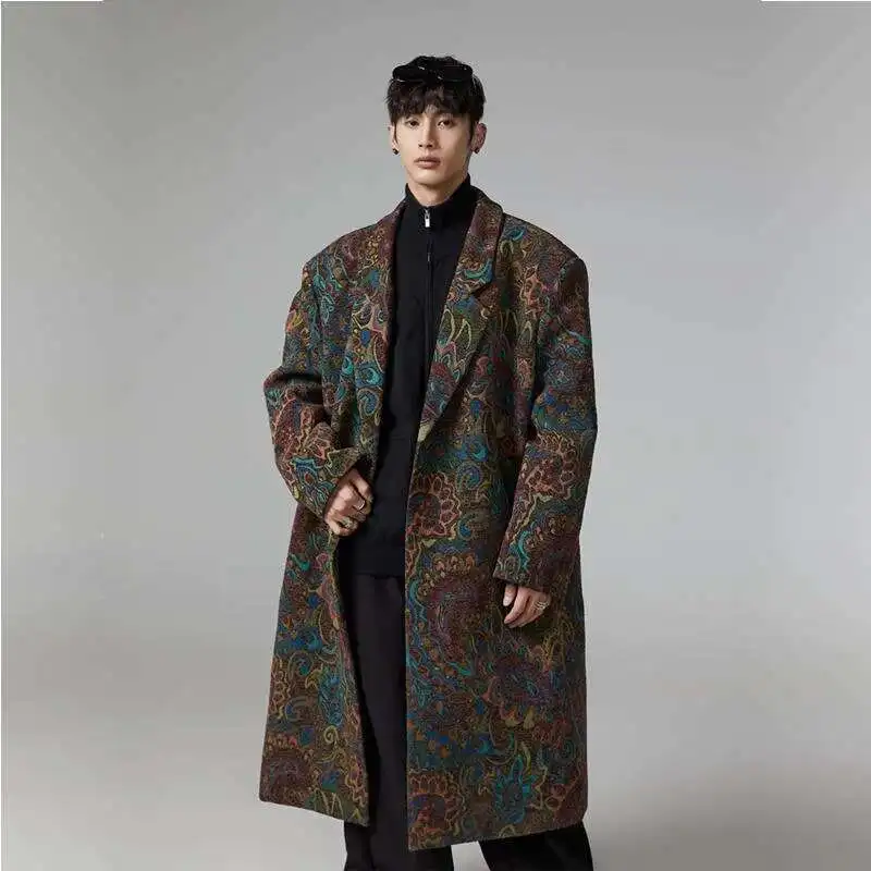 HKSH Notched Collar Original Design Shoulder Pads Loose High Sense Med Length Retro Pattern Windbreaker Fashion Chic Coat HK3354