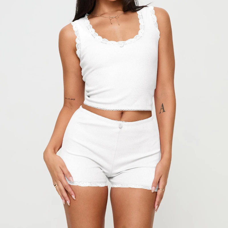 

Women's Lace Splicing Leisure Set Home Two-piece Slim-fit Halter High-waisted Shorts with Women's Multi-color Suit Ropa De Mujer