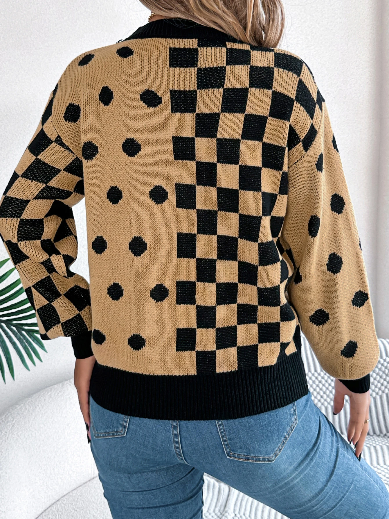 Autumn Winter Grid Dot Long Sleeved Pullover Sweater for Women