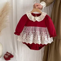 Baby 0-24M Christmas Girl Red Romper Newborn Infant Baby Knit Ruffle Long Sleeve Lace Princess Dress Jumpsuit  Xmas Costumes