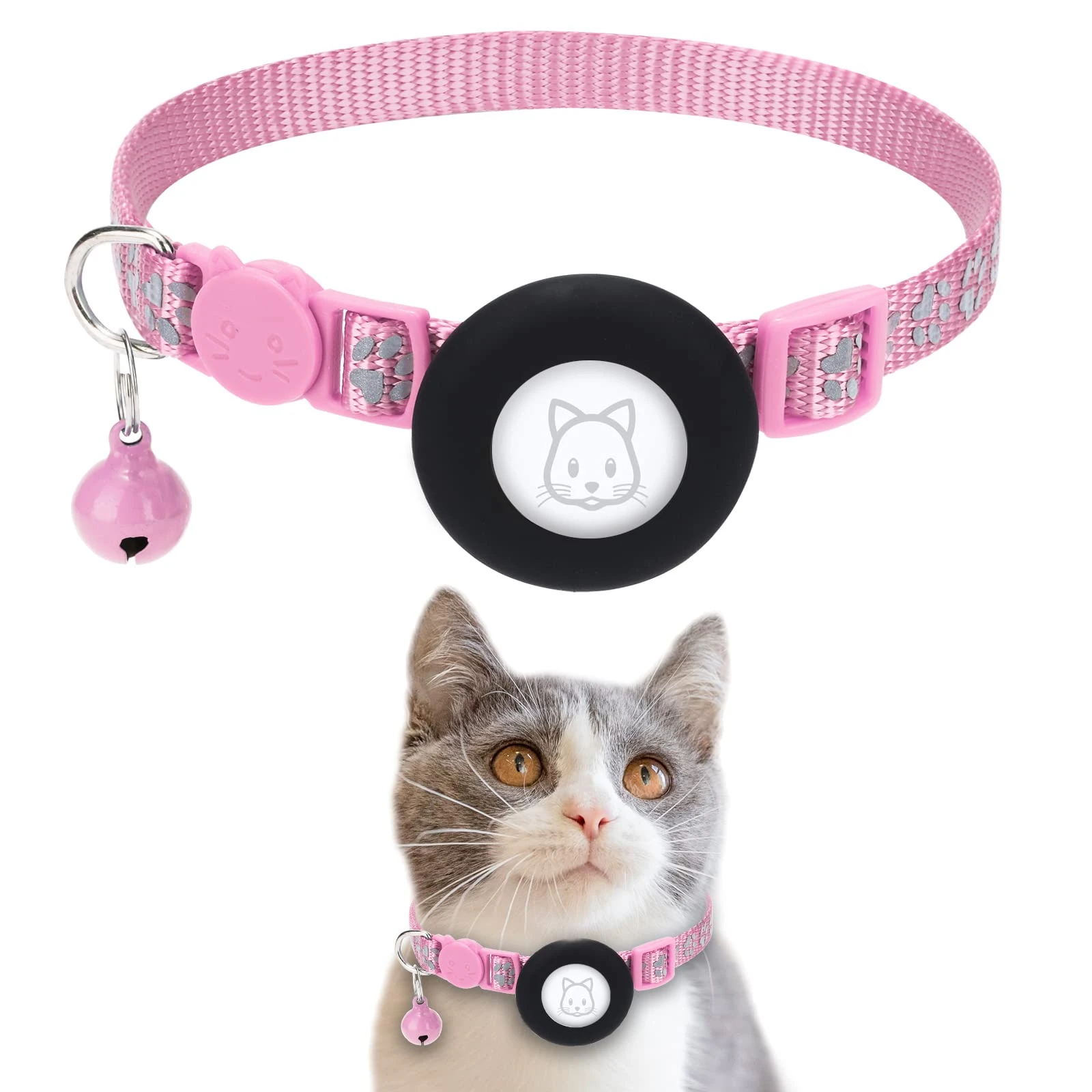 Airtag Cat Collar With Breakaway Bell Reflective Paw Pattern Strap With