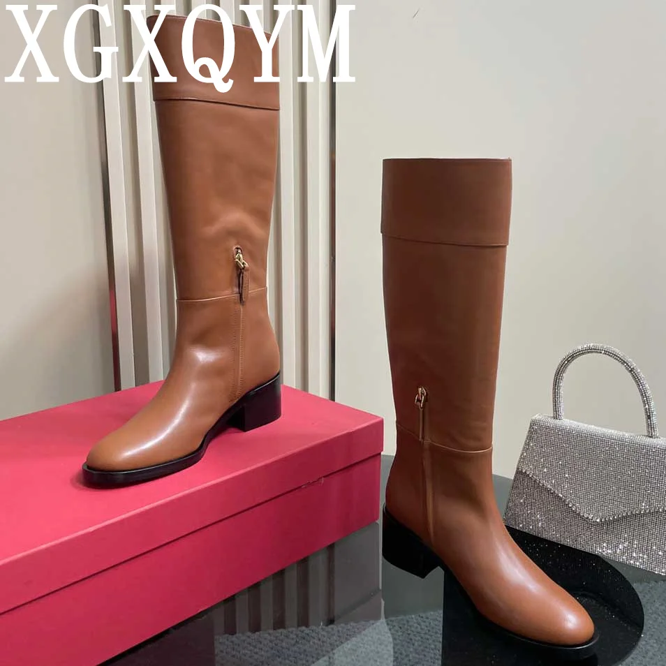 

Autumn Winter Vintage Leather Solid Colored Thick Heel Short Boots For Women Round Toe Knee High Simple Versatile Fashion Boot