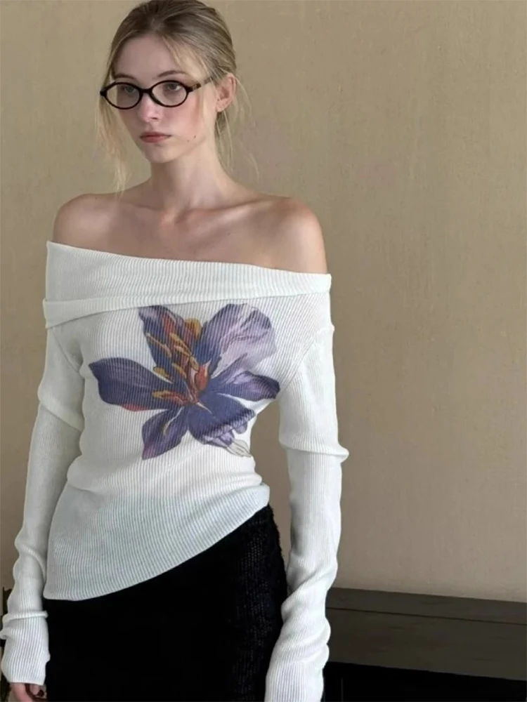 Trendix Knit Print Pullover For Women 2025 Summer Long Sleeve Asymmetric Top Ladies Party Sexy Off Shoulder Knitwear Flower Tops 2