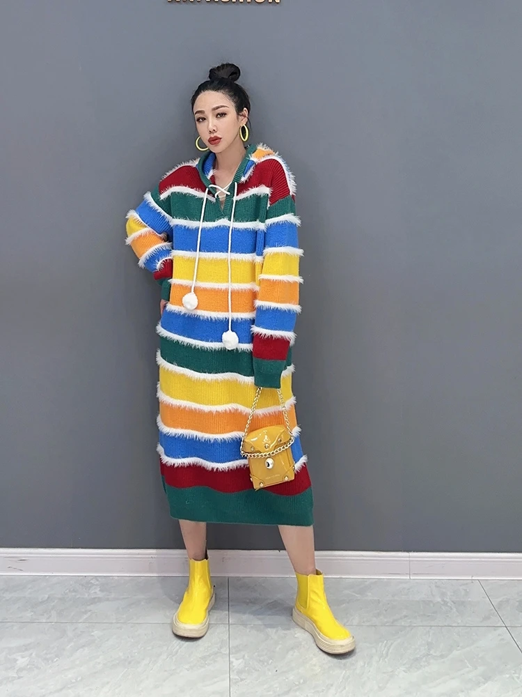 

2023 autumn new women's long sweater color hooded knitted loose dress loose large size reducing age girls style women's wear
