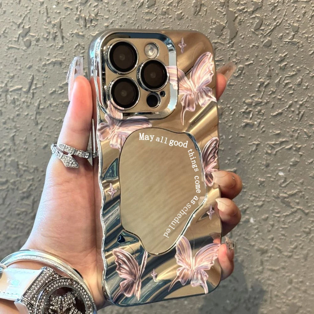 Electroplated Mirror Pink Butterfly Phone Case For iPhone 16 13 11 12 14 15 Pro Max Luxury Plating Wavy Shockproof Makeup Cover