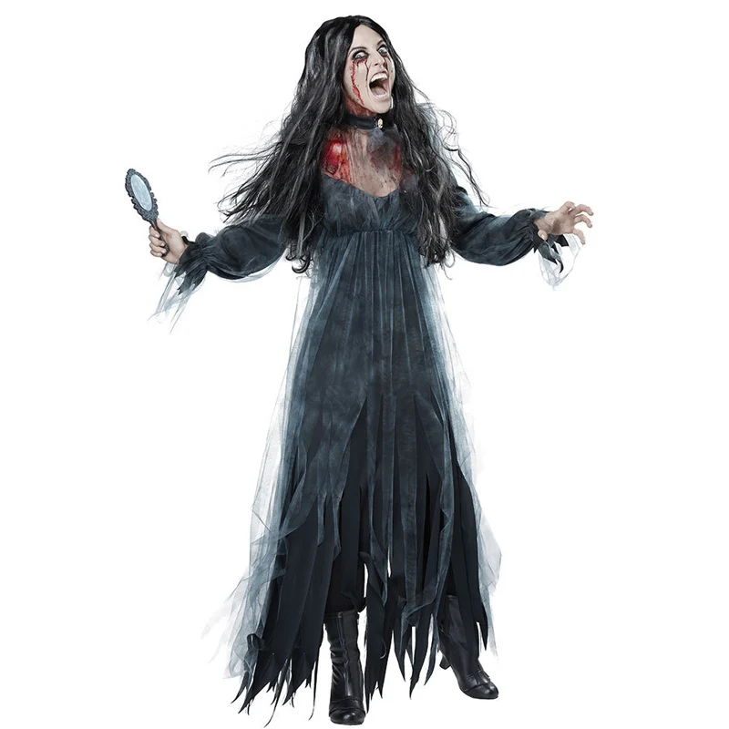 Adult Women Halloween Scary Zombie Ghost Bride Fancy Dress Graveyard Corpse Costume Black Split Long Dress s xxxl black blue sexy cop officer outfit uniform police woman costume suit for adult women halloween cosplay police fancy dress