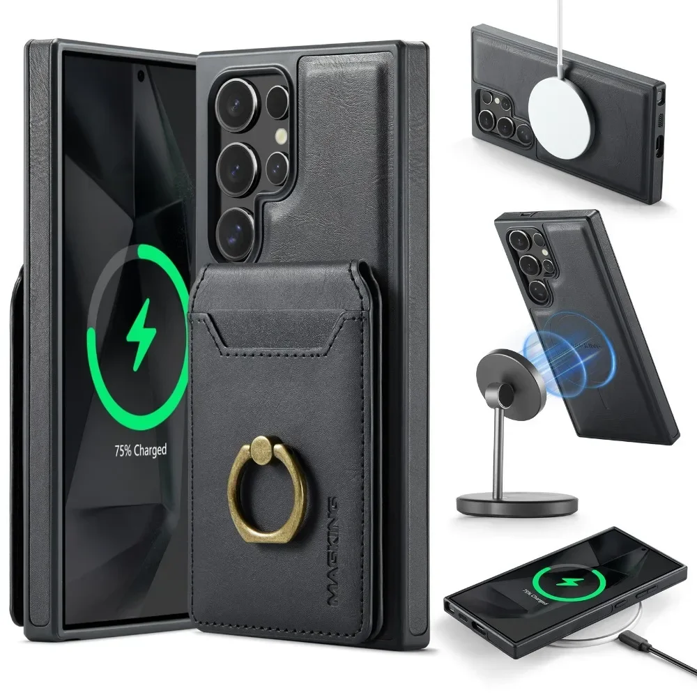 Detachable Magnetic Leather Wallet with Card Holder and Ring Cover