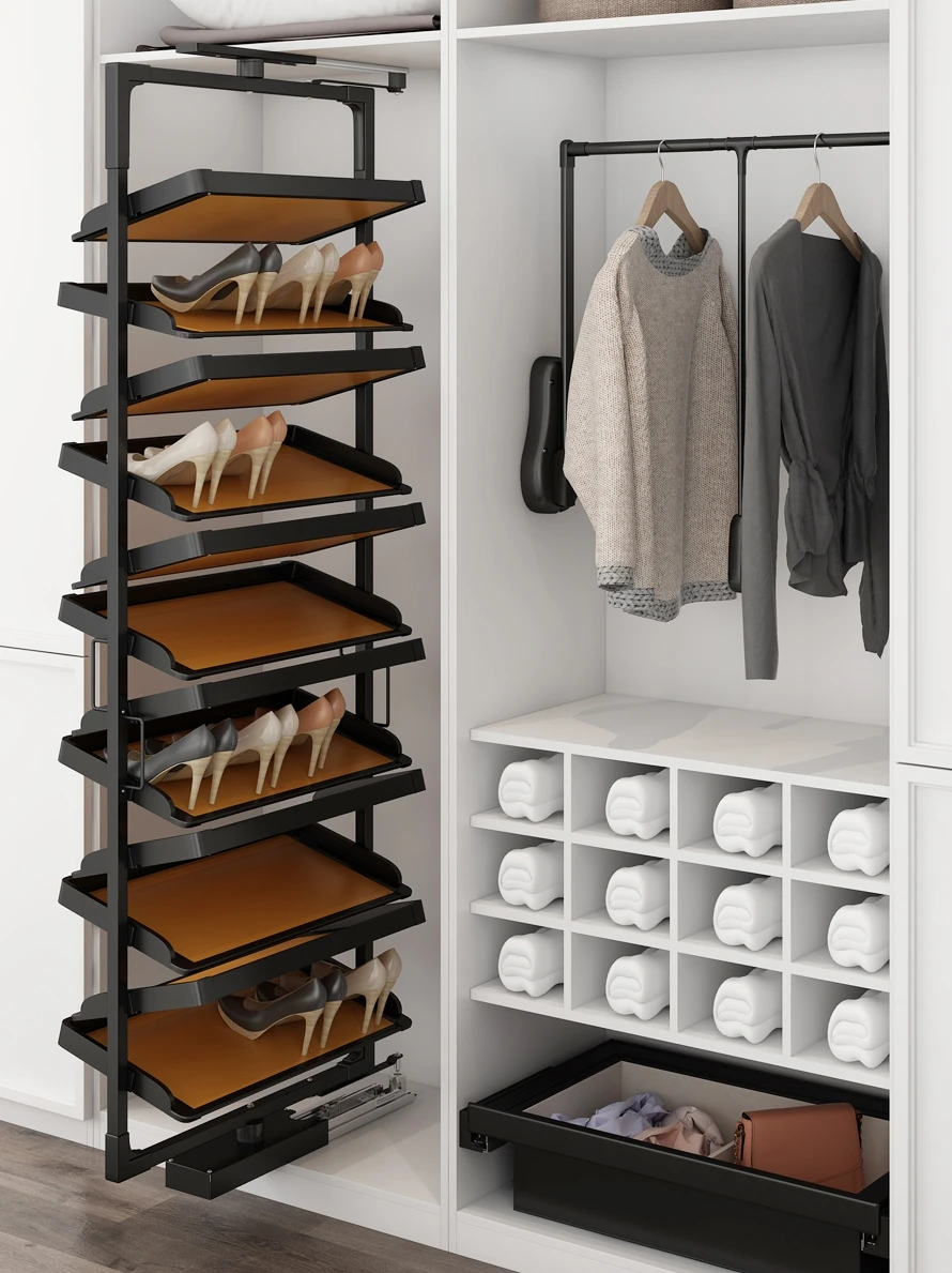 

Customized hardware accessories for shoe cabinets with 360 degree retractable sliding shoe racks inside the cabinet