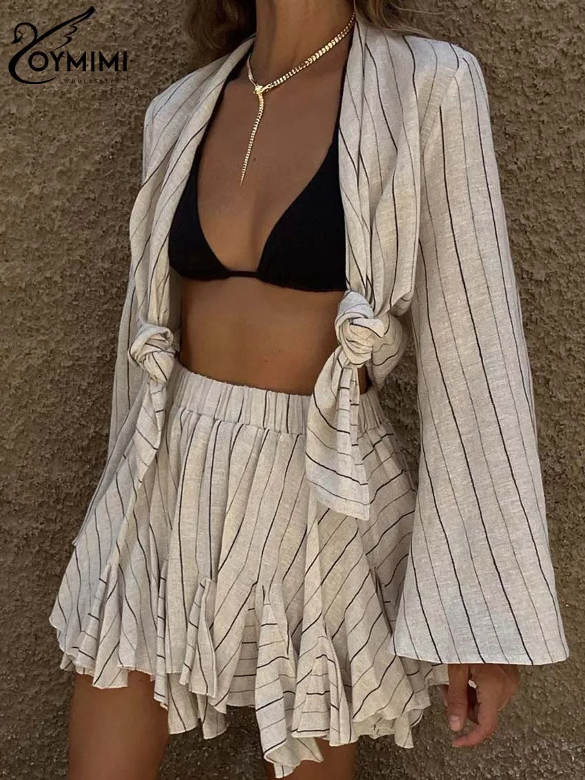 Oymimi Fashion Beige Striped Print Set Woman 2 Pieces Elegant Long Sleeve Blouses And High Waist Pleated Mini Skirts Female Sets