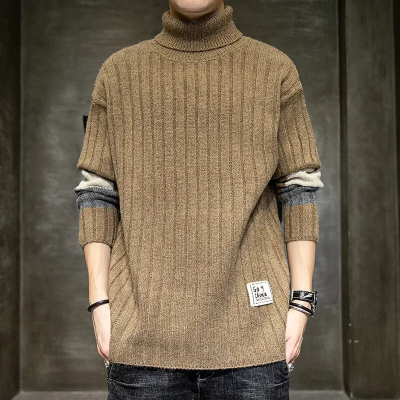 2023 Autumn Winter New Men's Pullover Loose Trendy Korean Casual Long Sleeved Patchwork Striped Knitted Turtleneck Sweater Tops