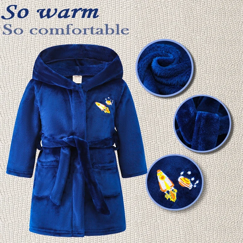 Winter Children's Flannel Bathrobe High-Density Fabric for Warmth and Comfort Hooded Sweatshirt with Cute Printed Pattern