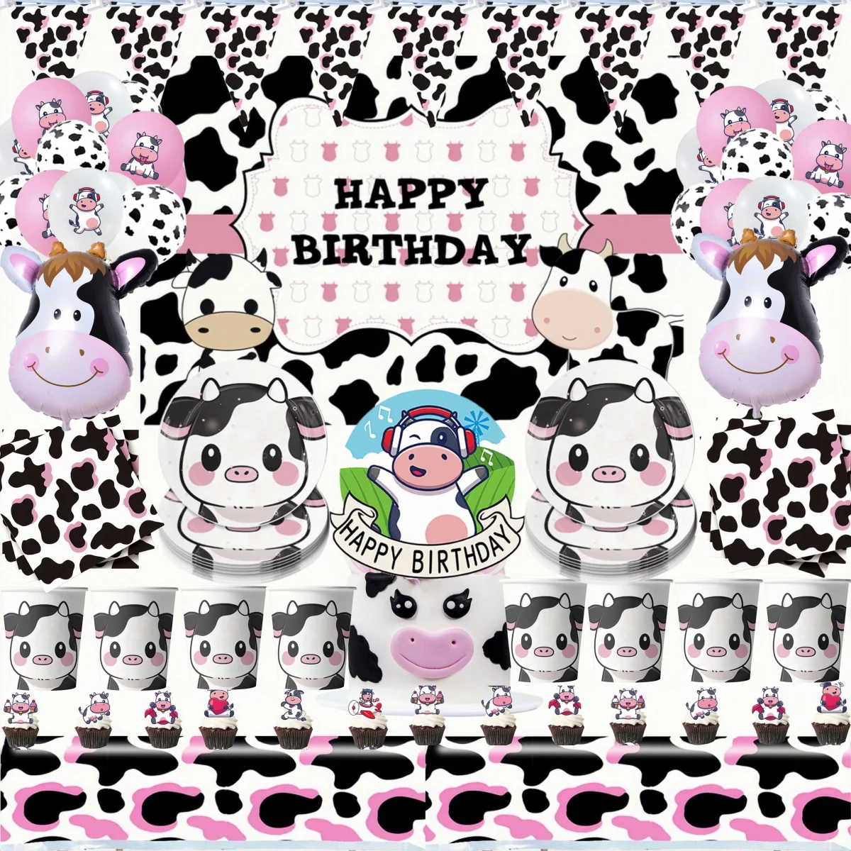 Pink Cow Birthday Party Decor Disposable Tableware Cup Plate Tablecloth Farm Animal Cow Balloon Baby Shower Kids Party Supplies