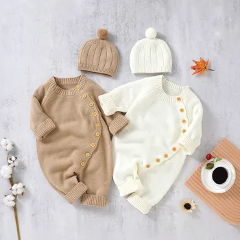 New Born Baby Boy Girl Clothes Knit Jumpsuit Fall Winter 2023 Warm Long Sleeve Crew Neck Button Closure Solid Romper with Hat 1