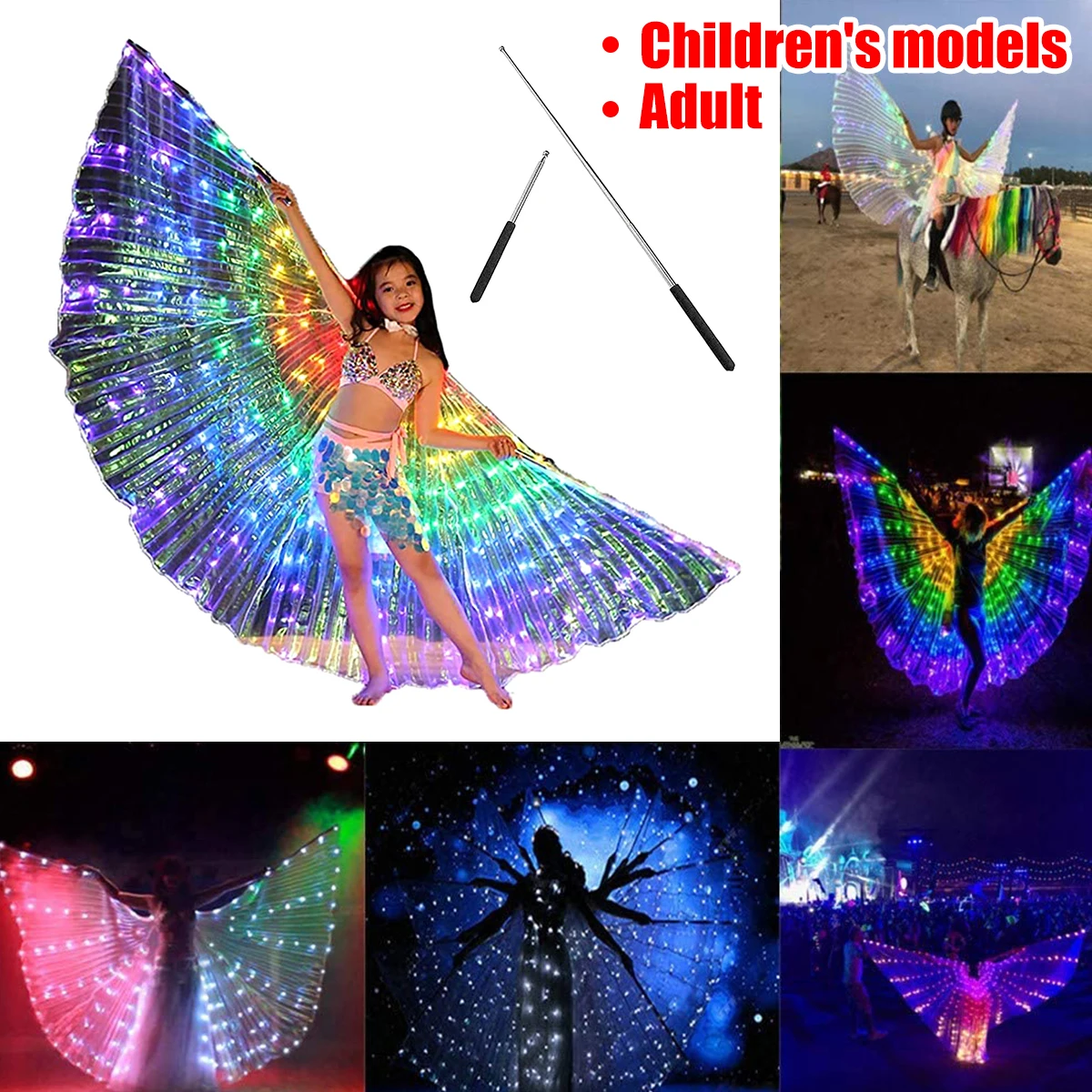 

LED Isis Wings Belly Dance Wings Colorful LED Butterfly Wings with Telescopic Sticks Glowing Light Up Costume Performance