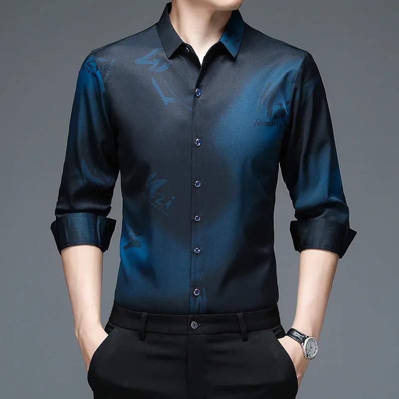 

Men's Long-sleeved Lapel Polo Casual Fashion Flower Shirt Spring And Autumn Letter Shirt