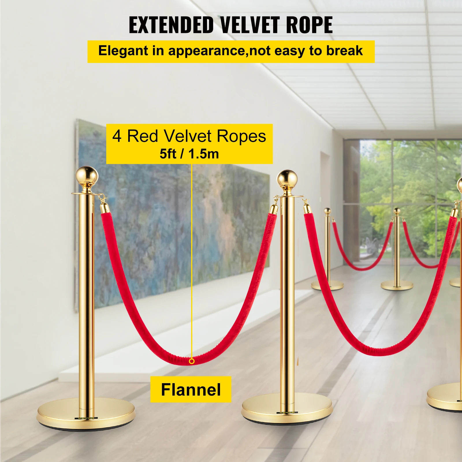 VEVOR 35.4 Inch Gold Crowd Control Stanchion Posts Queue Red Velvet Rope Line Barriers with Stable Base for Stadium Museum Party