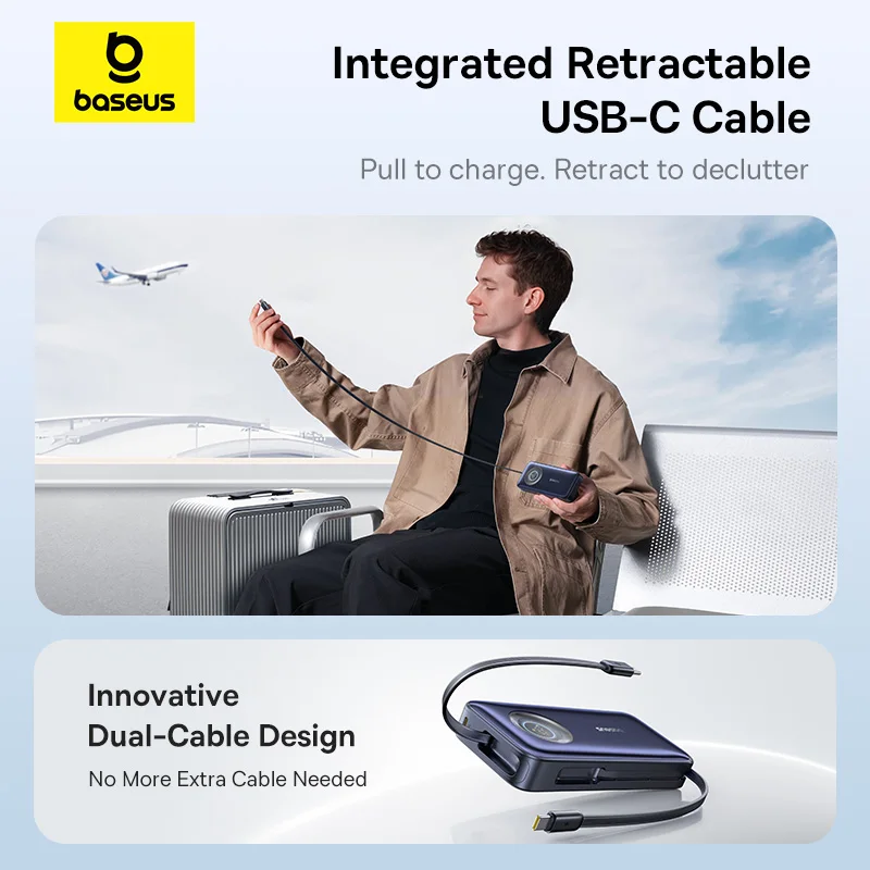 Baseus 100W 20000mAh Power Bank Built-In Retractable USB-C Cable PD External Battery PowerBank For MacBook Pro iPhone 17 Samsung