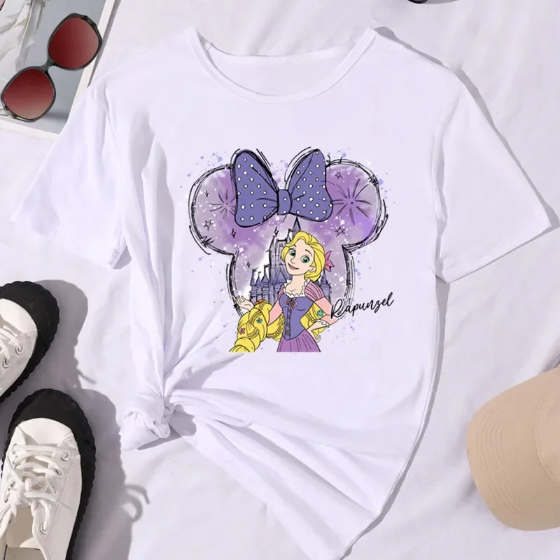 Disney Princess Cotton Children T Shirt 2024 Summer Short Sleeve Fashion Graphic Kawaii Girl Clothing Top Tshirt  Baby Kid  Tee 3