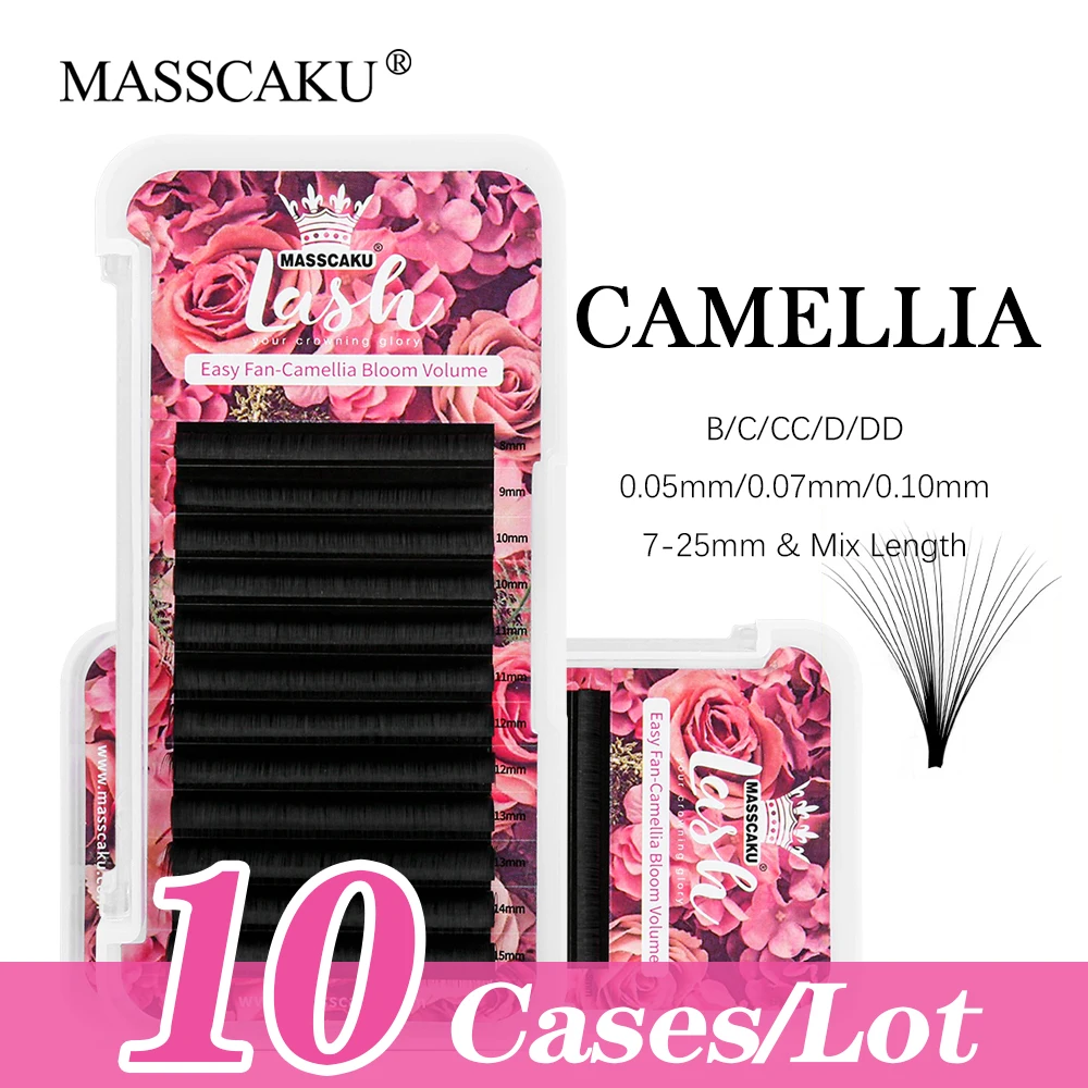 

10Cases/lot MASSCAKU Easy Fanning Eyelash Extensions Soft Matte Black Russian Volume Lashes Fast Flowering Lashes for Supplies