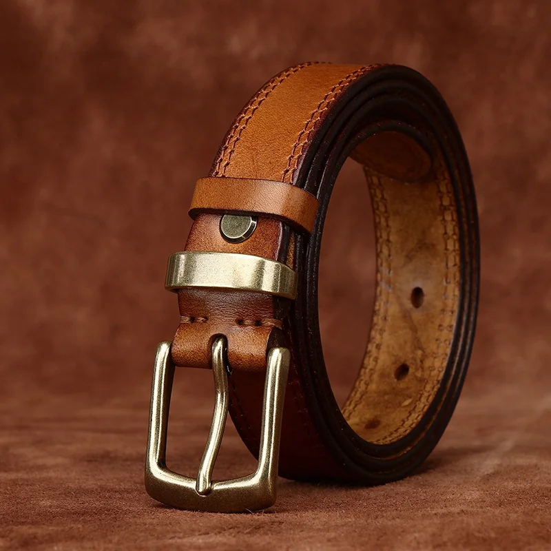 

2.4CM Wide Retro Fashion Thin Belt for Women's Leather Belt Ladies Brass Buckle Pure Cowhide Luxury Casual Female Belt