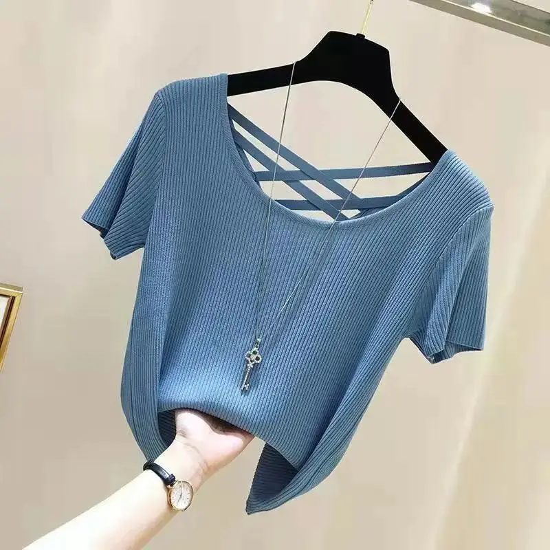

Open back t-shirt women's short sleeved 2024 summer hollowed out ice silk thread T-shirt with slightly transparent bottom trend